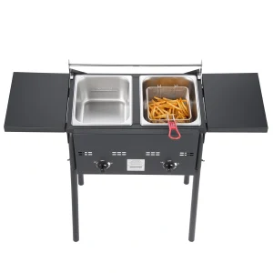 *⚡️Liquidation Sale⚡️ Outdoor Propane Deep Fryer, Dual-Tank 8QTx2 Commercial Fryer, Stainless Steel Cooker with Foldable Platform