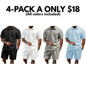 Men’s summer casual texture fabric solid color polo shirt T-shirt shorts 2-piece set